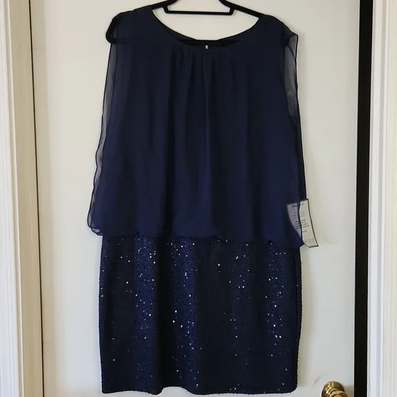 msk navy blue dress MSK Womens Navy Stretch Beaded Belted Jersey Knit Pullover Unlined 3/4 Sleeve V Neck Midi Fit + Flare Dress XL